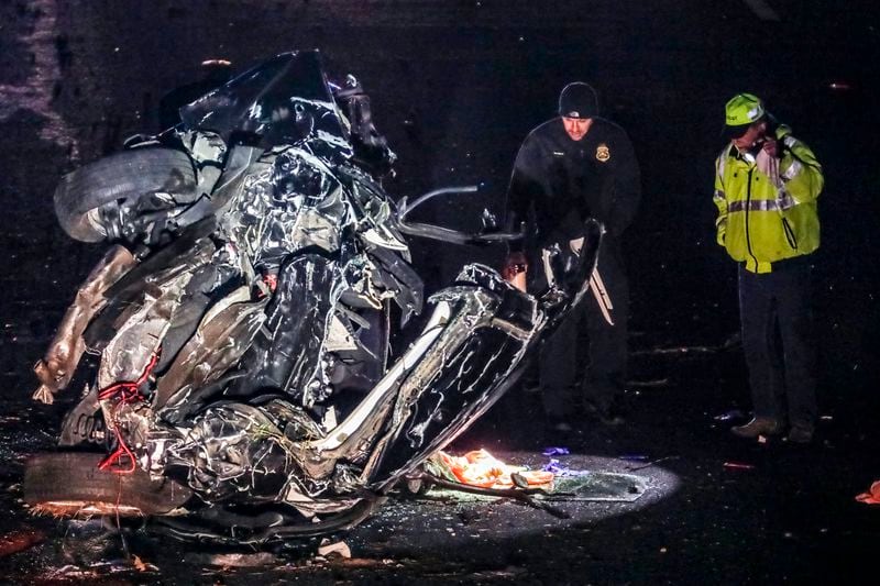 The wreckage of the 2018 Ford Focus driven by Latrece Morris after a crash that left her and one passenger dead and seriously injured another passenger.
