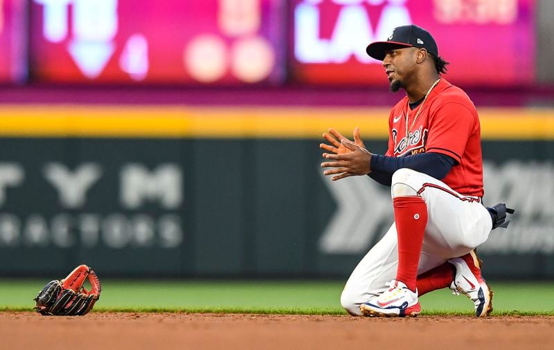 Atlanta Braves second baseman Ozzie Albies (1) reacts after a play in the second inning Friday, April 7, 2023 at Truist Park in Atlanta. (Daniel Varnado / For the AJC)