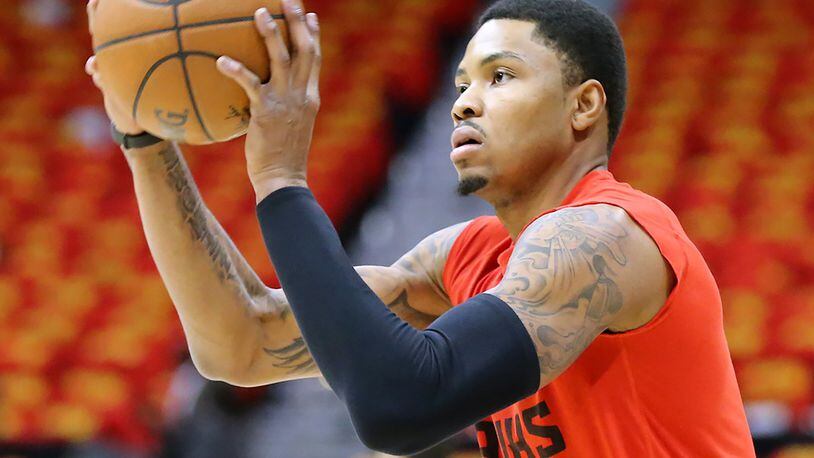 Hawks’ Kent Bazemore practices shooting three pointers before playing the Cavaliers in Game 3 of a second-round NBA basketball playoff series at Philips Arena on Friday, May 6, 2016, in Atlanta. Curtis Compton / ccompton@ajc.com