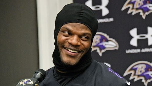 Ravens quarterback Lamar Jackson takes questions Dec. 2, 2022, after practice at the Under Armour Performance Center. (Kim Hairston/The Baltimore Sun/TNS)
