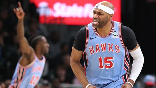 Atlanta Hawks guard Vince Carter reacts to hitting his shot against the Oklahoma City Thunder on the way to a 142-126 victory in a NBA basketball game on Tuesday, Jan. 15, 2019, at State Farm Arena in Atlanta.    Curtis Compton/ccompton@ajc.com