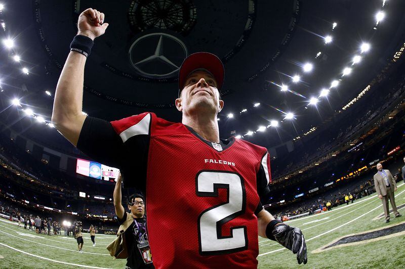NEW ORLEANS, LA - SEPTEMBER 26: Matt Ryan #2 of the Atlanta Falcons celebrates after a game against the New Orleans Saints at the Mercedes-Benz Superdome on September 26, 2016 in New Orleans, Louisiana. The Falcons won 45-32. (Photo by Jonathan Bachman/Getty Images)