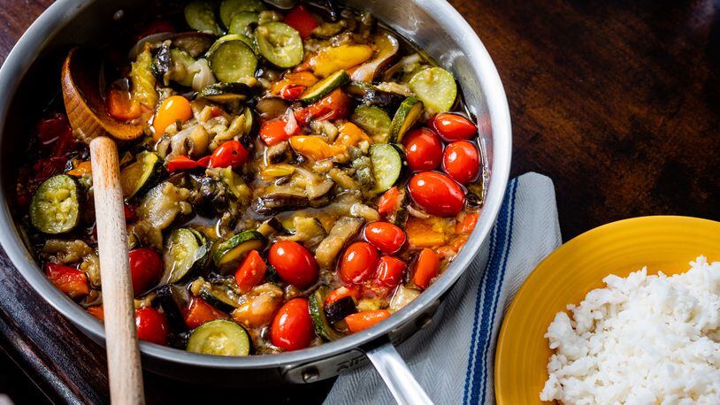 Speedy Ratatouille can be served on top of steamed rice, quick polenta, or warm bread. Henri Hollis for The Atlanta Journal-Constitution