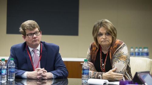 MARTA General Manager and Chief Executive Officer Jeffrey A. Parker (left) and MARTA board of directors chair Freda B. Hardage (right) speak with members of the Atlanta Journal-Constitution editorial board at the office of the Atlanta Journal-Constitution in Dunwoody, Wednesday, March 13, 2019. (ALYSSA POINTER/ALYSSA.POINTER@AJC.COM)
