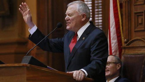 Jan. 11, 2017 - Atlanta - Gov. Deal acknowledges applause as he finishes his speech. Nathan Deal delivered his State of the State address for 2017 before a joint session of the General Assembly. BOB ANDRES /BANDRES@AJC.COM