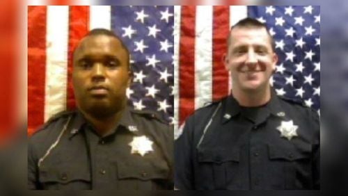 Left to right: Forest Park police Officer Demarkus Hutcherson was released from  WellStar Atlanta Medical Center South after being shot in the leg, officials said. Officer Tim Sterrett was shot in the neck and will remain in ICU for a while, according to police.