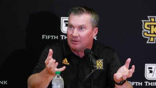Kennesaw State University football head coach Brian Bohannon speaks to the media about the upcoming football season on Monday, July 24, 2023. (Natrice Miller/ Natrice.miller@ajc.com)