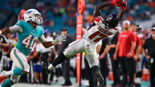 Olamide Zaccheaus of the Atlanta Falcons makes the catch in the first quarter during a preseason game against the Miami Dolphins at Hard Rock Stadium on August 8, 2019 in Miami, Florida. (Photo by Mark Brown/Getty Images)