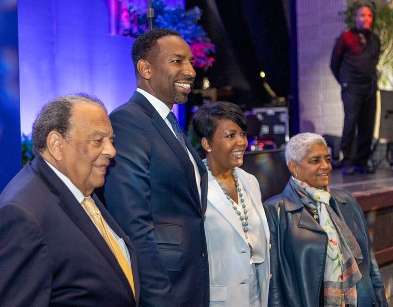 Atlanta Mayors including Andrew Young, from left, Andre Dickens, Keisha Lance Bottoms and Shirley Franklin attend the annual State of the City Business Breakfast at the Georgia World Congress Center on Monday, April 4, 2022.   (Jenni Girtman for The Atlanta Journal-Constitution)