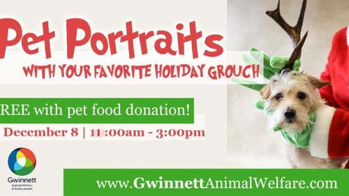 Gwinnett Animal Welfare will host Holiday Pet Portraits for families and pets 10 a.m. to 3 p.m. Saturday, Dec. 8, at 844 Winder Highway in Lawrenceville. Courtesy Gwinnett Animal Welfare