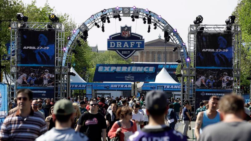 Fans gather before the second round of the 2017 NFL football draft, Friday, April 28, 2017, in Philadelphia.