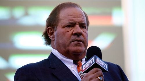 Broadcaster Chris Berman of ESPN is seen on the field before Game Two of the 2015 World Series between the Kansas City Royals and the New York Mets at Kauffman Stadium on October 28, 2015 in Kansas City, Missouri.  (Photo by Tim Bradbury/Getty Images)