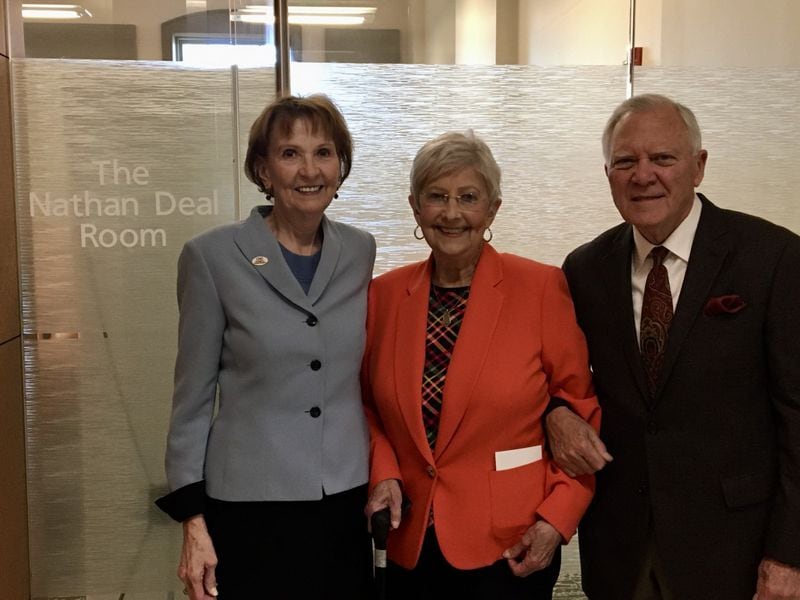Then University of North Georgia president Bonita Jacobs (now retired) with the late Sandra Deal and former Gov. Nathan Deal at the UNG room named for him. Photo: Denise Ray