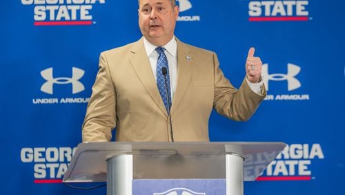 Director of Athletics for Georgia State, Charlie Cobb, announces Dell McGee as the new football head coach during a press conference at University Club at Center Parc Stadium on Monday, Feb. 26, 2024, in Atlanta. (Atlanta Journal-Constitution/Jason Allen)