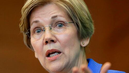 FILE- In this March 27, 2017, file photo, U.S. Sen. ElizabethÂ Warren, D-Mass., addresses business leaders during a New England Council luncheon in Boston.  Warren is revving up her already formidable fundraising juggernaut, raking in more than $5.2 million in the first quarter of the year to bring her campaign account to more than $9.2 million according to fundraising totals released Wednesday, April 12, by her campaign. (AP Photo/Steven Senne, File)