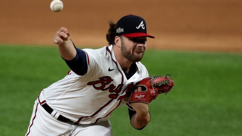 Braves pitcher Bryse Wilson delivers against the Los Angeles Dodgers during the first inning in Game 4 Thursday, Oct. 15, 2020, for the best-of-seven National League Championship Series at Globe Life Field in Arlington, Texas. (Curtis Compton / Curtis.Compton@ajc.com)