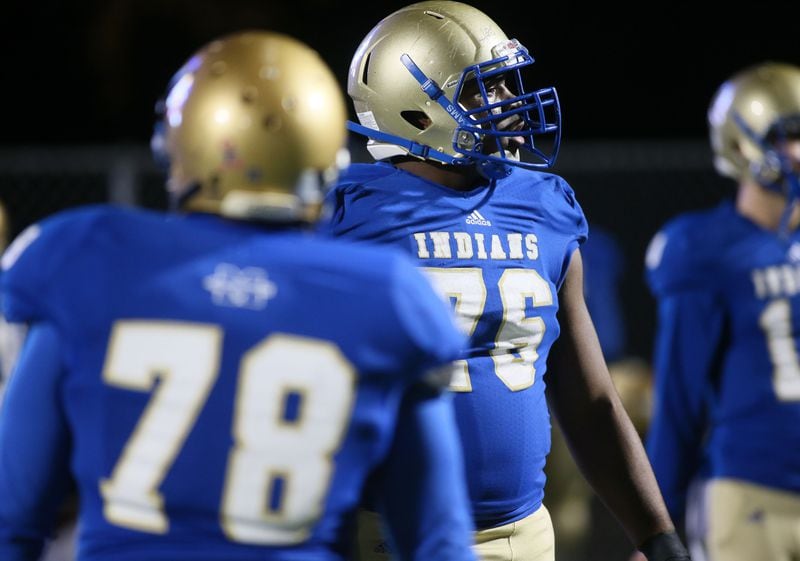 NOVEMBER 20, 2015-POWDER SPRINGS:  McEachern's # 76 Tremayne Anchrum Jr during practice before their play off game against the Archer Tigers at home in Powder Springs on Friday November 20th, 2015. Special request from Omaha (Neb.) Word-Herald. (Photo by Phil Skinner)
