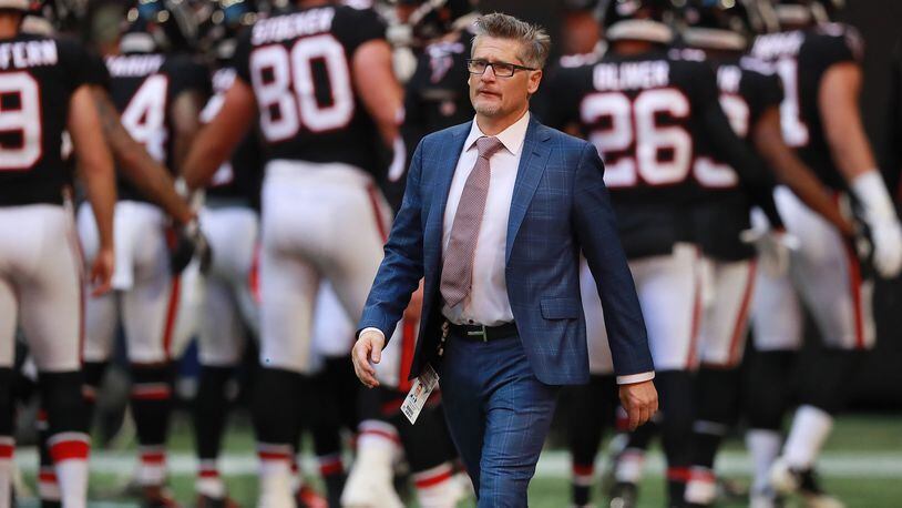 Atlanta Falcons general manager Thomas Dimitroff watches the team prepare to play the Seattle Seahawks in an NFL football game on Sunday, October 27, 2019, in Atlanta.   Curtis Compton/ccompton@ajc.com