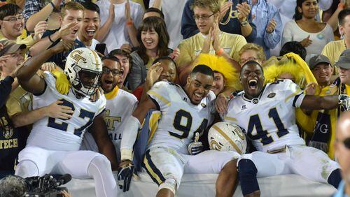 October 21, 2017 Atlanta - Georgia Tech players celebrates a 38-24 victory over the Wake Forest in an NCAA college football game at Bobby Dodd Stadium on Saturday, October 21, 2017. HYOSUB SHIN / HSHIN@AJC.COM