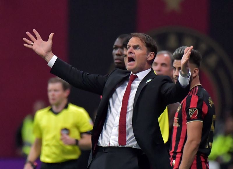 Atlanta United head coach Frank de Boer reacts in the second half during the first round of the MLS playoffs at Mercedes-Benz Stadium on Saturday, October 19, 2019. Atlanta United won 1-0 over the New England Revolution. (Hyosub Shin / Hyosub.Shin@ajc.com)