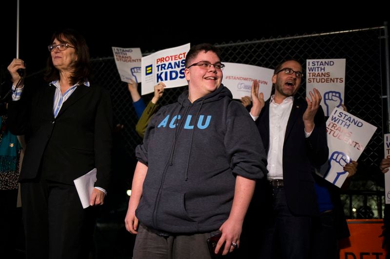 Gavin Grimm, a transgender boy, during a protest outside the White House in Washington on Feb. 22, 2017. His school had sought to bar him from the boys’ bathroom, setting off a legal battle. The Supreme Court has rejected a request from a Virginia school board to reinstate its policy barring Grimm from using the boys' bathroom. 