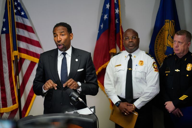 Atlanta Mayor Andre Dickens gives a statement on recent vandalism to Atlanta police and contractors' property. The vandalism is targeted towards the Atlanta police training facility and the contractors hired in its construction. Wednesday, July 5th, 2023 (Ben Hendren for the Atlanta Journal-Constitution)