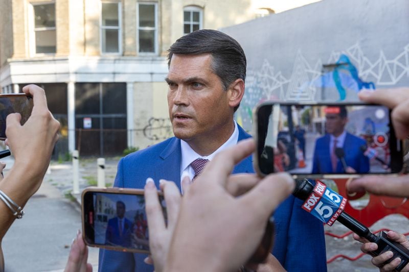 Former Lt. Gov. Geoff Duncan speaks to reporters after testifying at Fulton County Courthouse in Atlanta on Monday, August 14, 2023. Fulton prosecutors were presenting their election interference case against former President Donald Trump and others to a grand jury. (Arvin Temkar / arvin.temkar@ajc.com)
