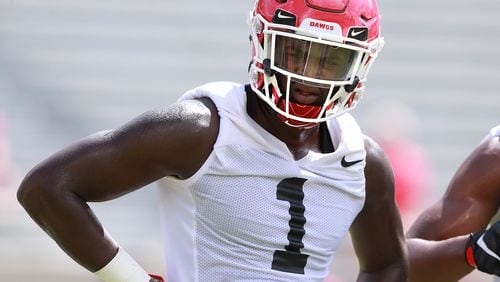 August 4, 2018 Athens: Georgia linebacker Brenton Cox participates in team practice at Fan Day on Saturday, August 4, 2018, in Athens.  Curtis Compton/ccompton@ajc.com