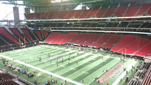 Pressbox view at Mercedes-Benz Stadium about two hours before the Bengals play the Atlanta Falcons. (By D . Orlando Ledbetter/dledbetter@ajc.com)