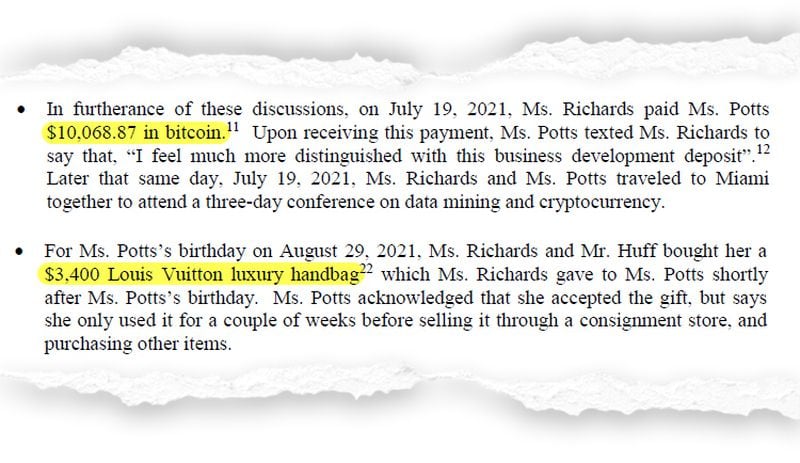 The lawyers' report states that all parties agree that JoAnna Potts received $10,068.87 in bitcoin and a $3,400 handbag gift from Judith Richards. The report was commissioned by the Development Authority of Fulton County to investigate conduct by former board member Potts.