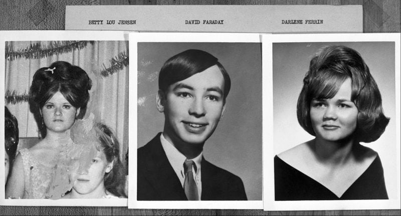 Pictured are Betty Lou Jensen, 16, David Faraday, 17, and Darlene Ferrin, 22, who California police investigators believe were killed by a serial killer calling himself the Zodiac Killer. Jensen and Faraday were shot to death Dec. 20, 1968, in Faraday's car in a remote area of Benicia. Ferrin was killed July 4, 1969, as she and Michael Mageau sat in her vehicle in Vallejo. Mageau, 19, survived the shooting.