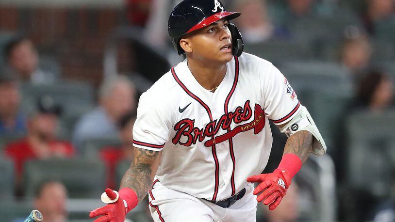 Braves outfielder Cristian Pache hits a double against the Toronto Blue Jays during the seventh inning Tuesday, May 11, 2021, in Atlanta.  (Curtis Compton / Curtis.Compton@ajc.com)