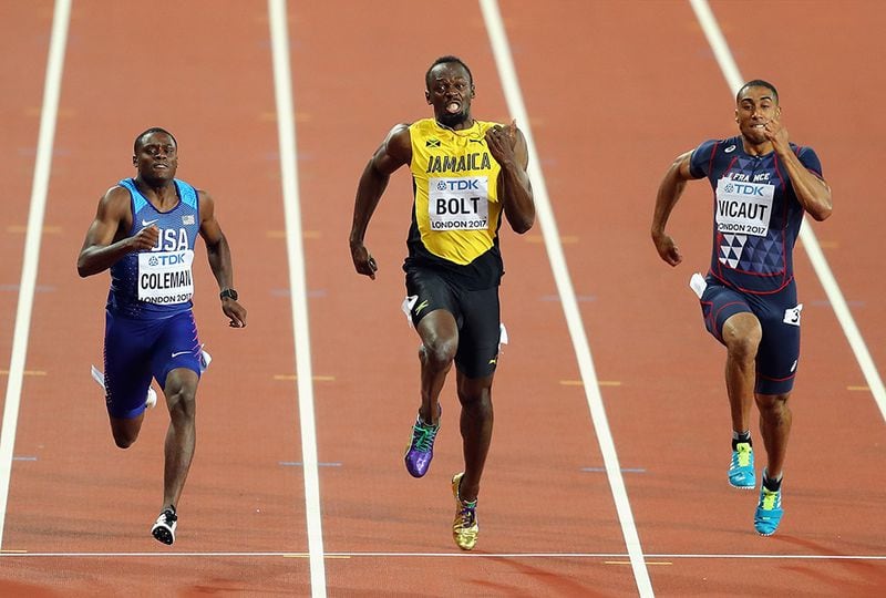 Christian Coleman (from left), Usain Bolt and Jimmy Vicaut race toward the finish line of the men's 100m final during day two of the 16th IAAF World Athletics Championships London 2017 at The London Stadium on Aug.  5, 2017 in London.