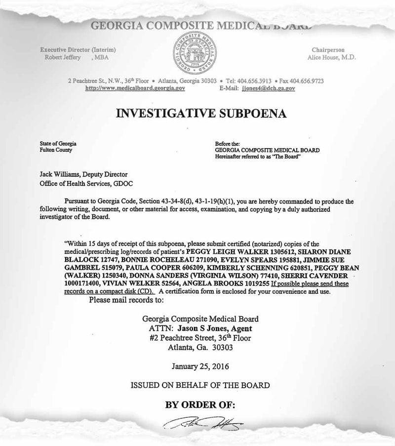 Copy of investigative subpoena sent to the Department of Corrections seeking the medical records of 12 inmates identified in the AJC’s stories.