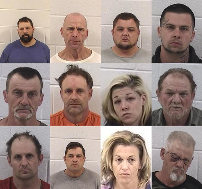 Top row, left to right: Richard Frank Simmons, William Dale Gray, Jared Cody Eller and Larry Dwayne Fricks. Middle row, left to right: Dwayne Eldon Fricks, Dwights Brandon Wood, Chelsea Lauren Fricks and Gary Loyd Brown. Bottom row, left to right: Matthew Lee Gerrin, Michael Douglas Gribble, Stephanie Mae Pritchett and Timothy Ray Freeman. The mugshot for Walter Cecil Whitehead was not available. 