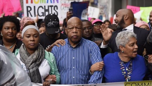 John Lewis and Shirley Franklin (right), leading the Atlanta March for Social Justice and Women.