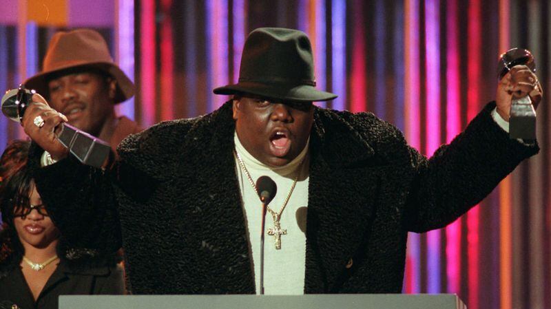 Rapper Biggie Smalls is seen at the 1995 Billboard Music Awards. Smalls, whose birth name was Christopher Wallace, was killed March 9, 1997, in a Los Angeles drive-by shooting, six months after the Las Vegas drive-by killing of rival Tupac Shakur.