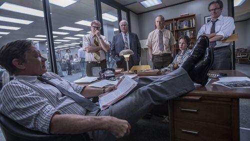 Tom Hanks (Ben Bradlee) from left, David Cross (Howard Simons), John Rue (Gene Patterson), Bob Odenkirk (Ben Bagdikian), Jessie Mueller (Judith Martin), and Philip Casnoff (Chalmers Roberts) in a scene from the movie “The Post.” Contributed by Niko Tavernise/TNS
