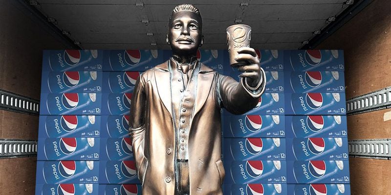 A statue of Pepsi founder Caleb Bradham was delivered to the World of Coca-Cola on Wednesday, Jan. 30, 2019 and placed in front of the statue of Coca-Cola founder John Pemberton, as part of a promotional "cola truce" during Super Bowl week. Pepsi is an official sponsor of the Super Bowl and has placed highly visible advertising across downtown Atlanta. Coca-Cola apparently had not received advance notice but played along with the stunt, saying through a spokesperson, "We are going to welcome them with a Coke and a smile." (Pepsi)