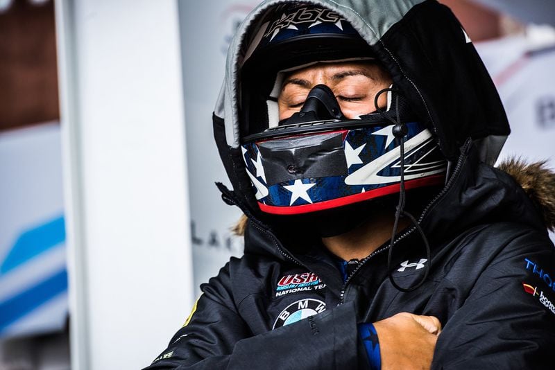 Elana Meyers Taylor, at the USA Bobsled and Skeleton National Team Trials in October 2017 in Lake Placid, N.Y., readies for her run. CONTRIBUTED BY MOLLY CHOMA