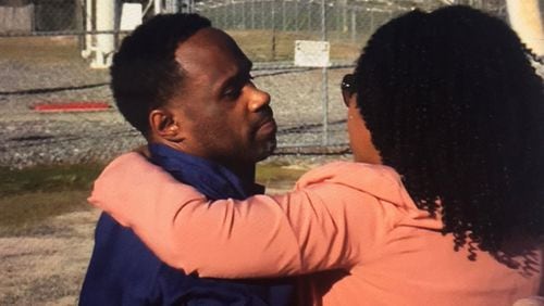 Kerry Robinson hugs his sister, Miranda Taylor, after walking out of a South Georgia prison on Wednesday, January 8, 2020. Robinson was freed by an improved method of DNA analysis after serving 18 years for a rape he didn’t commit. (Photo courtesy of Georgia Innocence Project)
