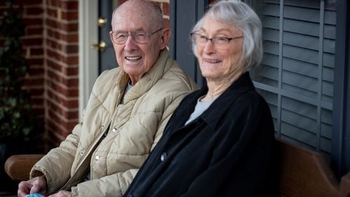 Easton and Lila Wall say they are adapted to quarantine life in their cottage at Belmont Village Senior Living Johns Creek. A week after the nationwide shutdown in March, Easton Wall celebrated his 90th birthday from the cottage front porch, waving to family.   STEVE SCHAEFER FOR THE ATLANTA JOURNAL-CONSTITUTION