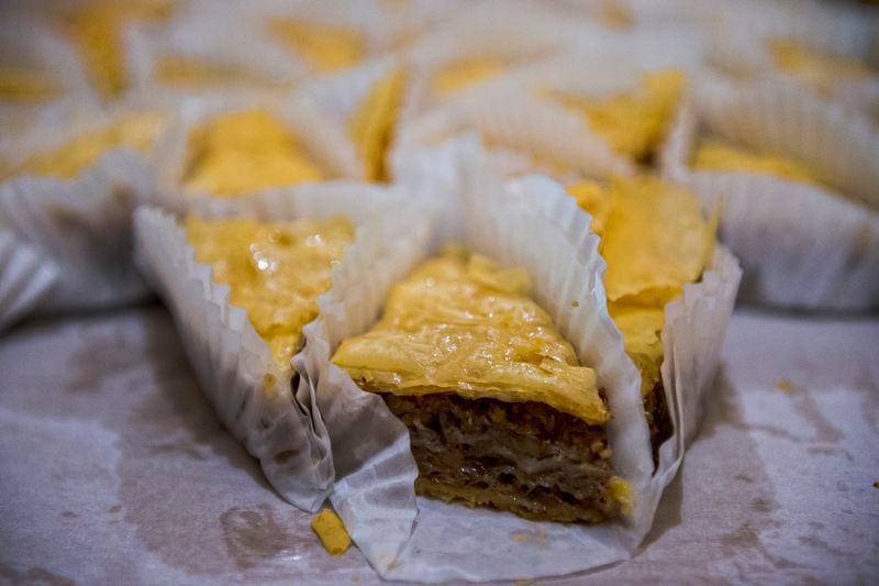 Baklava sits ready to be devoured during an earlier Atlanta Greek Festival at the  Annunciation Greek Orthodox Cathedral. The much anticipated annual festival features everything Greek from food (including at a drive-thru!), shopping, performances, live music and tours of the church. JONATHAN PHILLIPS / SPECIAL