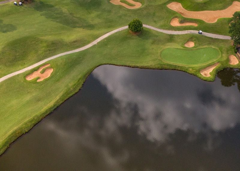 Aerial view of the 9th hole and the green (right) on the Heritage course at Heritage Golf Links in Tucker. (Hyosub Shin / Hyosub.Shin@ajc.com)