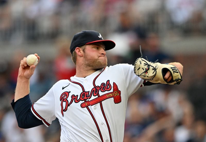 Atlanta Braves' starting pitcher Bryce Elder (55) throws a pitch against the New York Yankees during the first inning at Truist Park, Tuesday, August 15, 2023, in Atlanta. (Hyosub Shin / Hyosub.Shin@ajc.com)