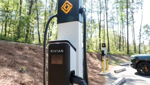 Views of a  Rivian EV charging station shown at a Tallulah Gorge State Park on Thursday, April 20, 2023.  (Natrice Miller/natrice.miller@ajc.com)