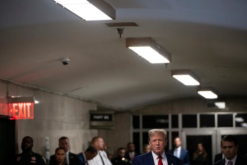 Former President Donald Trump speaks to reporters at Manhattan Criminal Court in New York, Tuesday, April 30, 2024. (Victor J. Blue/The Washington Post via AP, Pool)