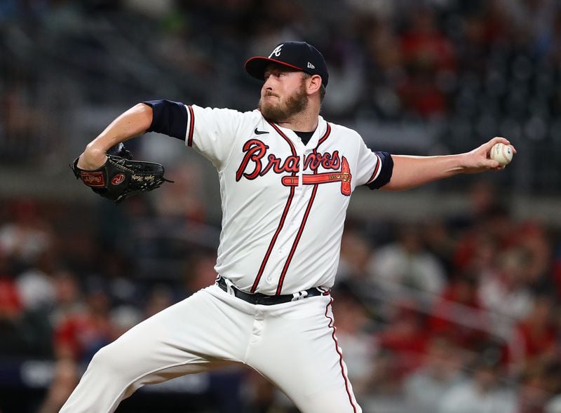 Braves pitcher Tyler Matzek delivers against the St. Louis Cardinals during the 8th inning in a MLB baseball game on Tuesday, July 5, 2022, in Atlanta.  “Curtis Compton / Curtis.Compton@ajc.com”