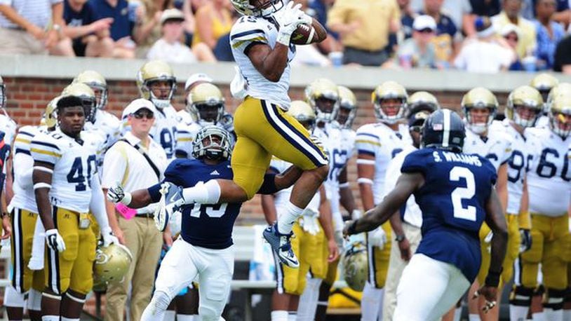 DeAndre Smelter of Georgia Tech goes up for a catch against Georgia Southern at Bobby Dodd Stadium on Sept, 13, 2014. (Photo by Scott Cunningham/Getty Images)