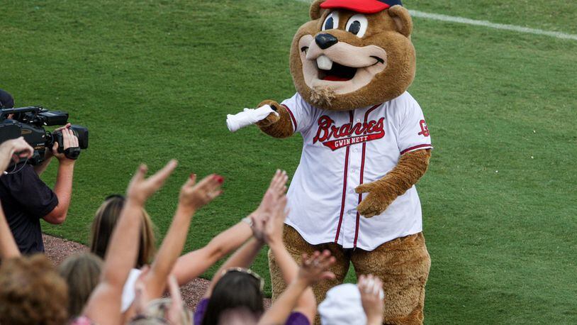 Chopper, the groundhog mascot of the Gwinnett Braves, hands out T-shirts to fans at a game. Credit: Karl Moore/Gwinnett Braves.